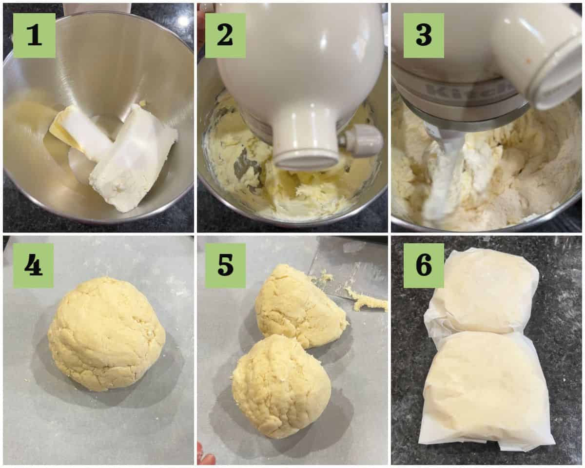 Process shot to make pastry dough using a stand mixer and then dividing the dough in two and wrapping it parchment paper. 