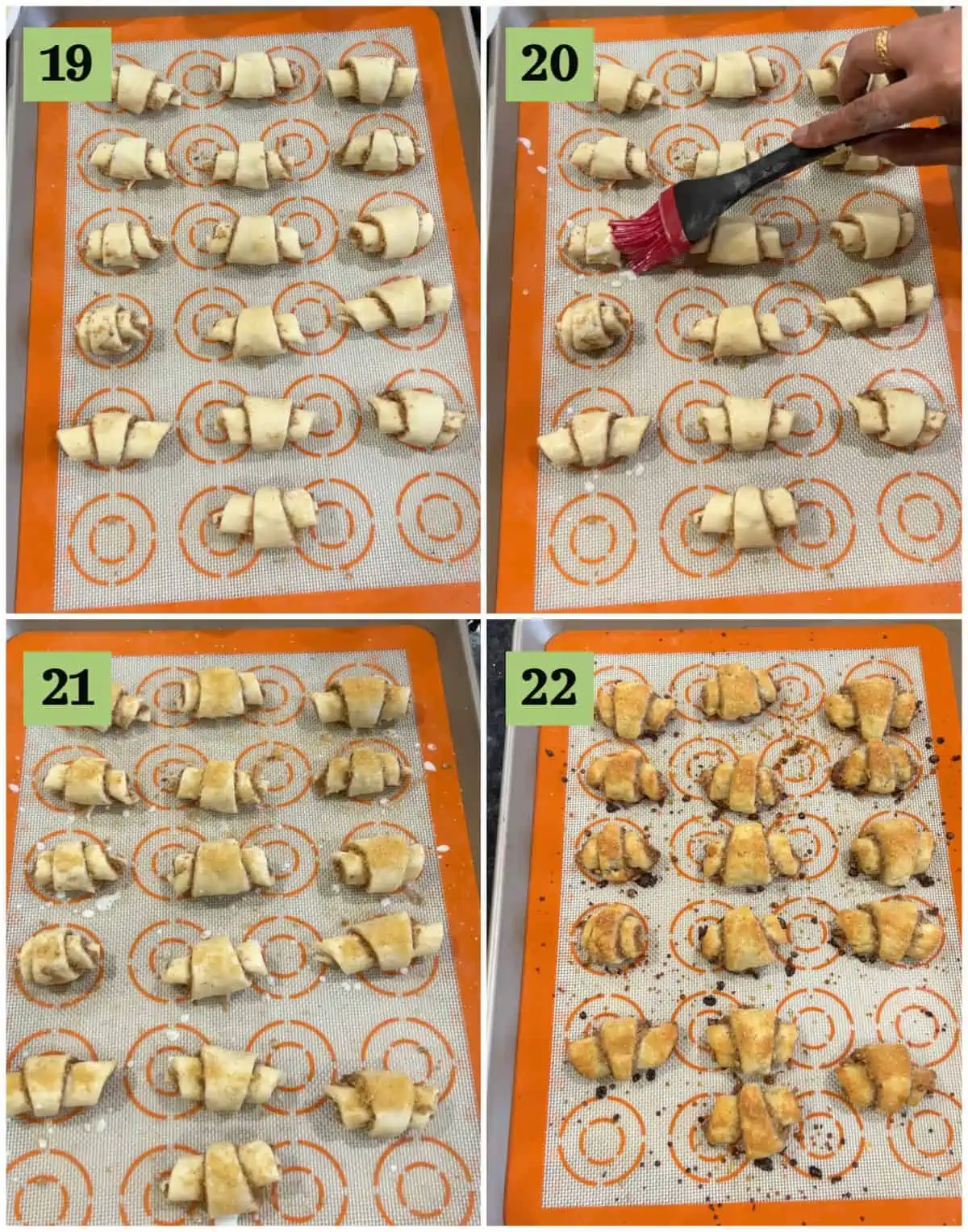 Process shot collage showing how to glaze and bake the cream cheese spiral cookies.