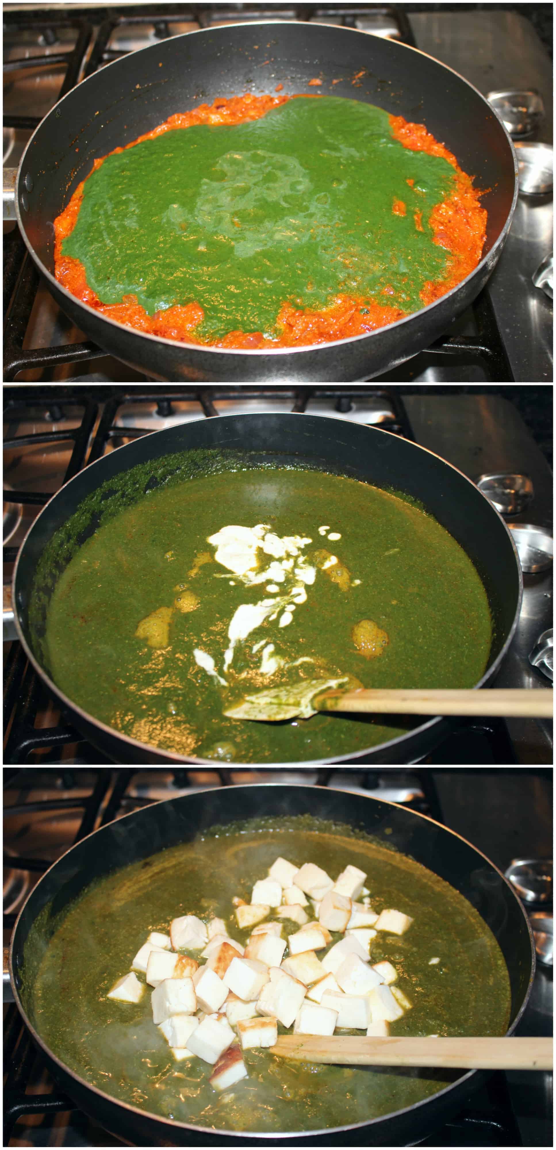 boiling spinach gravy with paneer