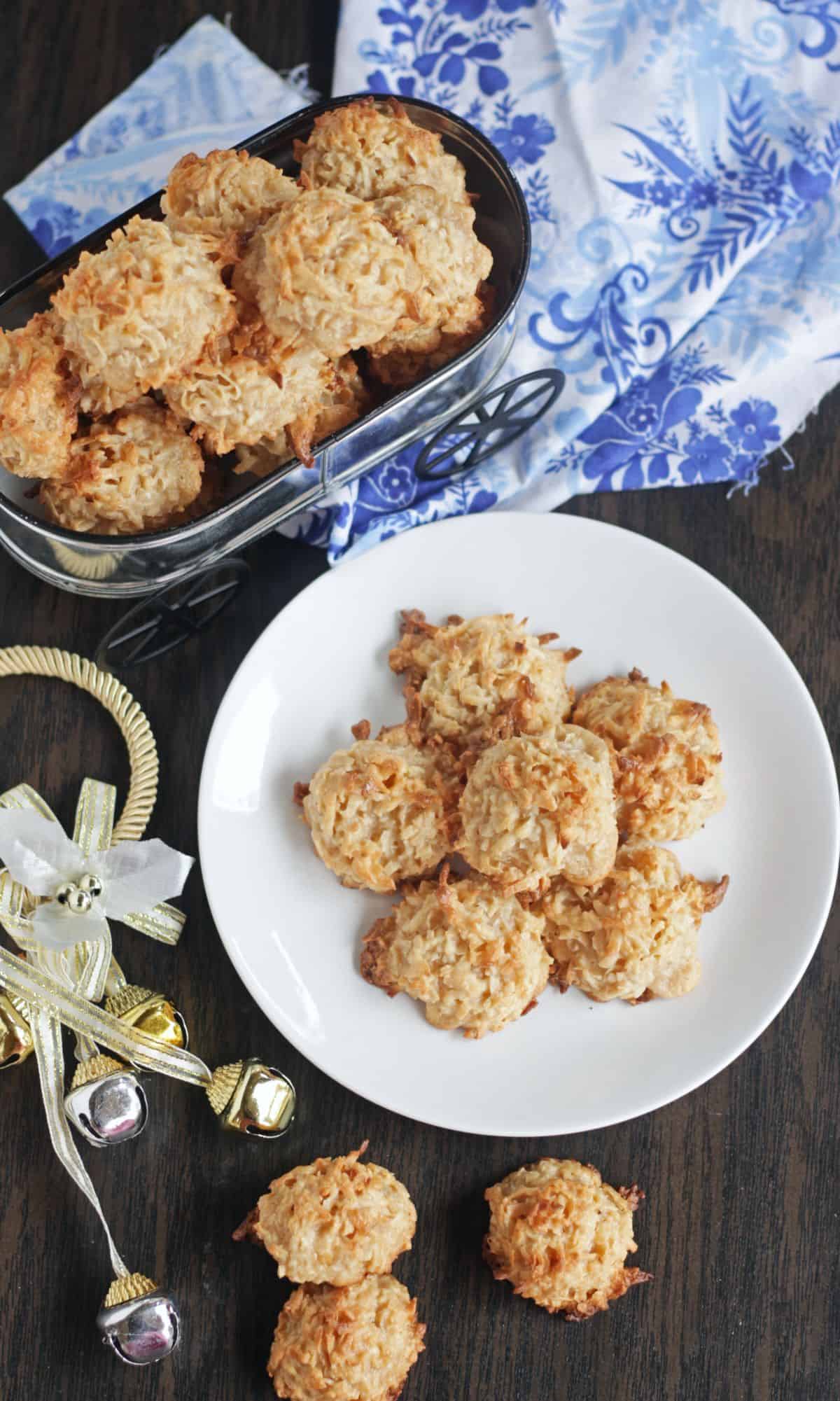 coconut macaroons in a plate and metal container
