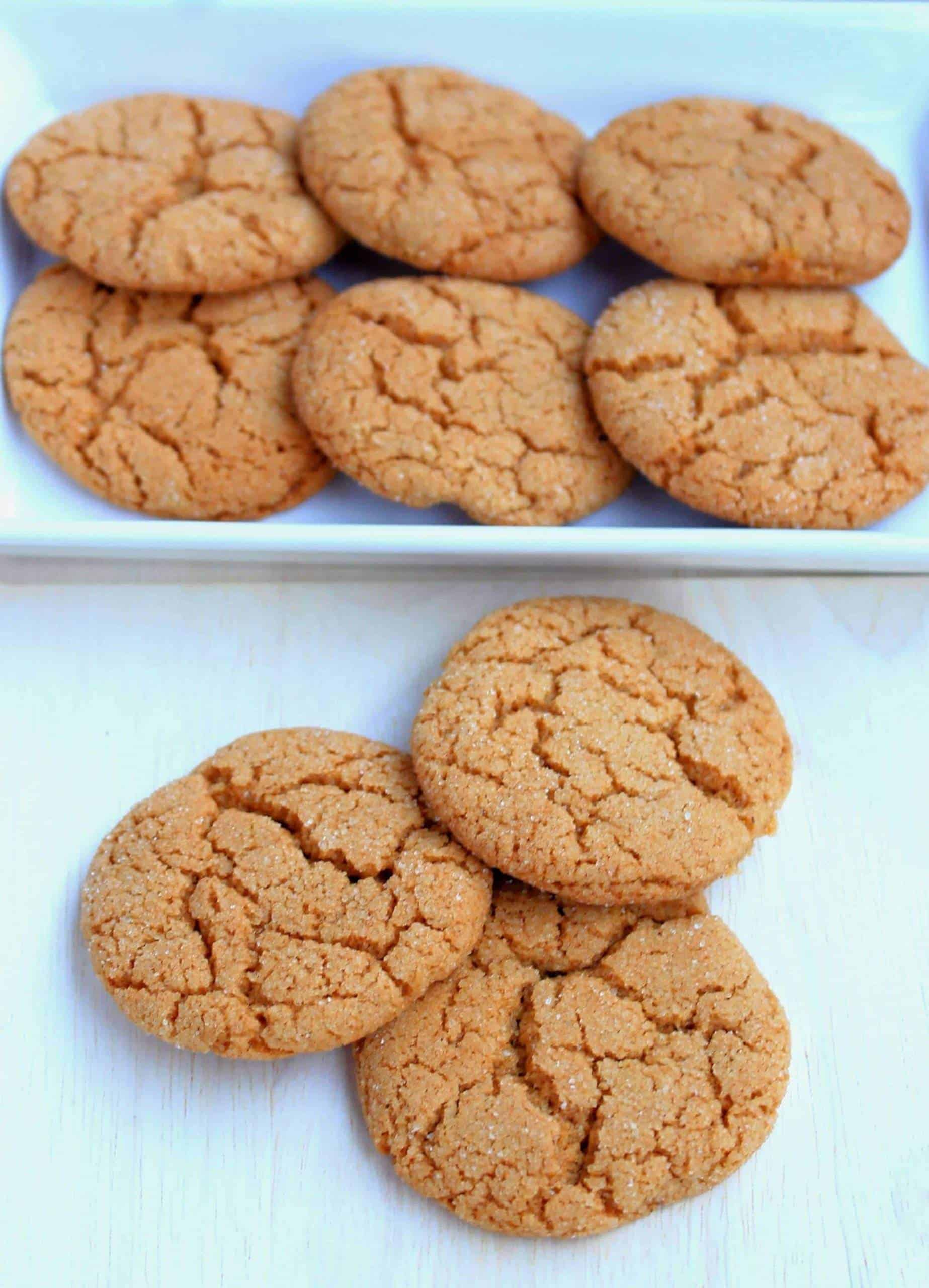 Old fashioned Ginger Cookies in a board and in a plate.