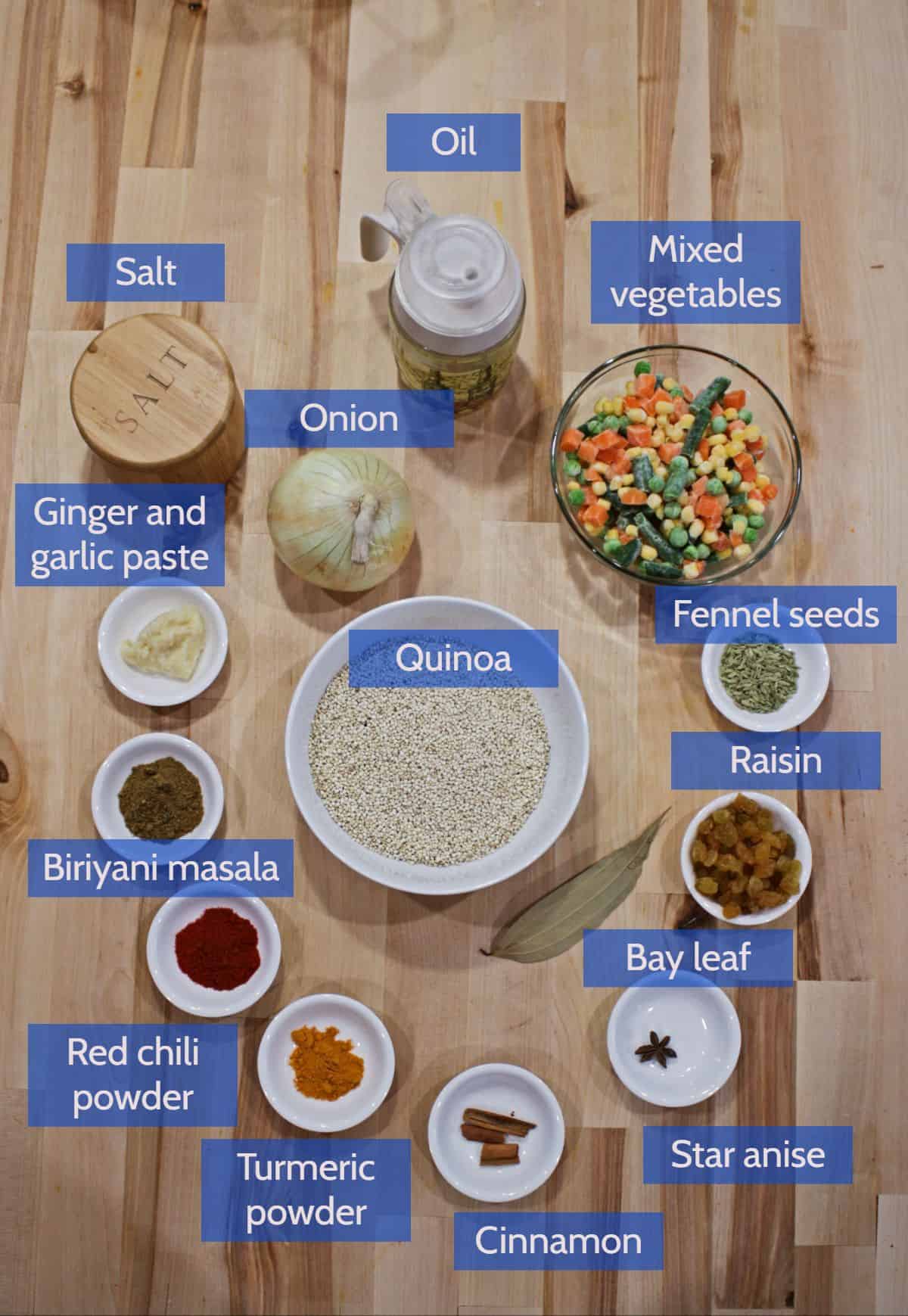 Ingredients labeled and laid out to make quinoa pulao