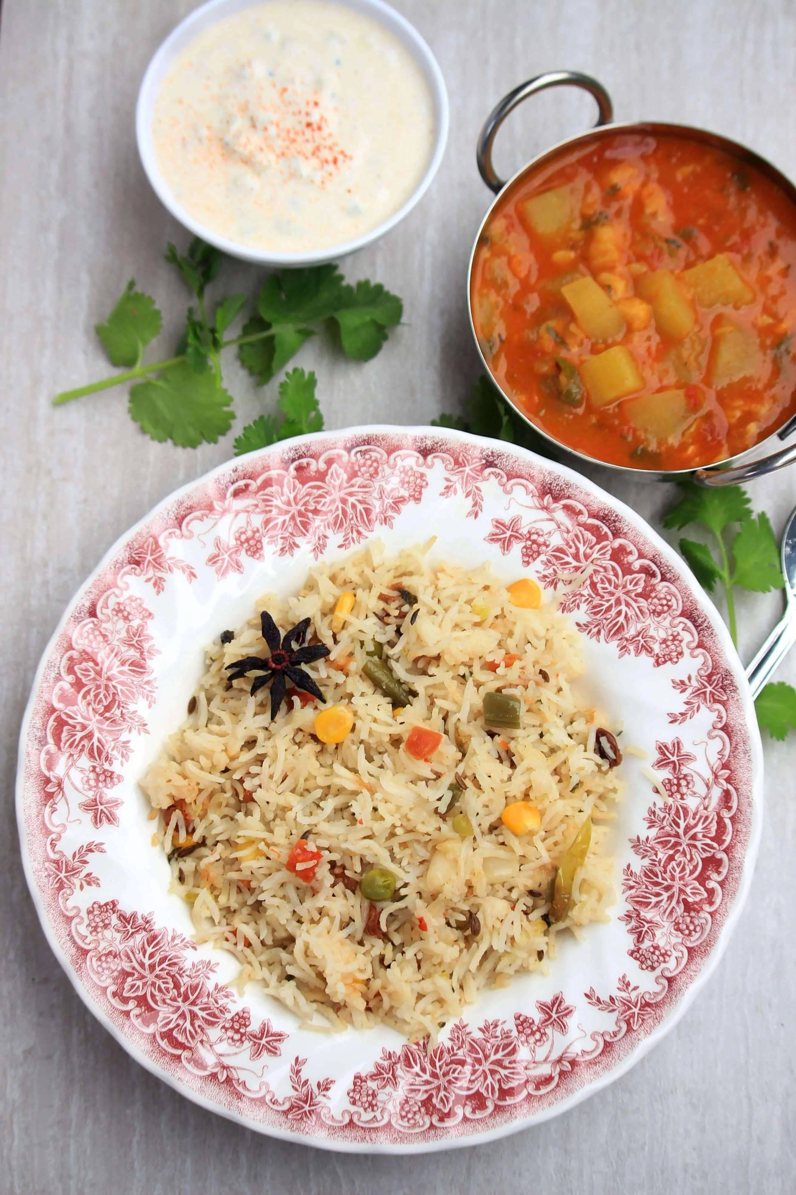 Perfect Mixed Vegetable Pulao with curry.