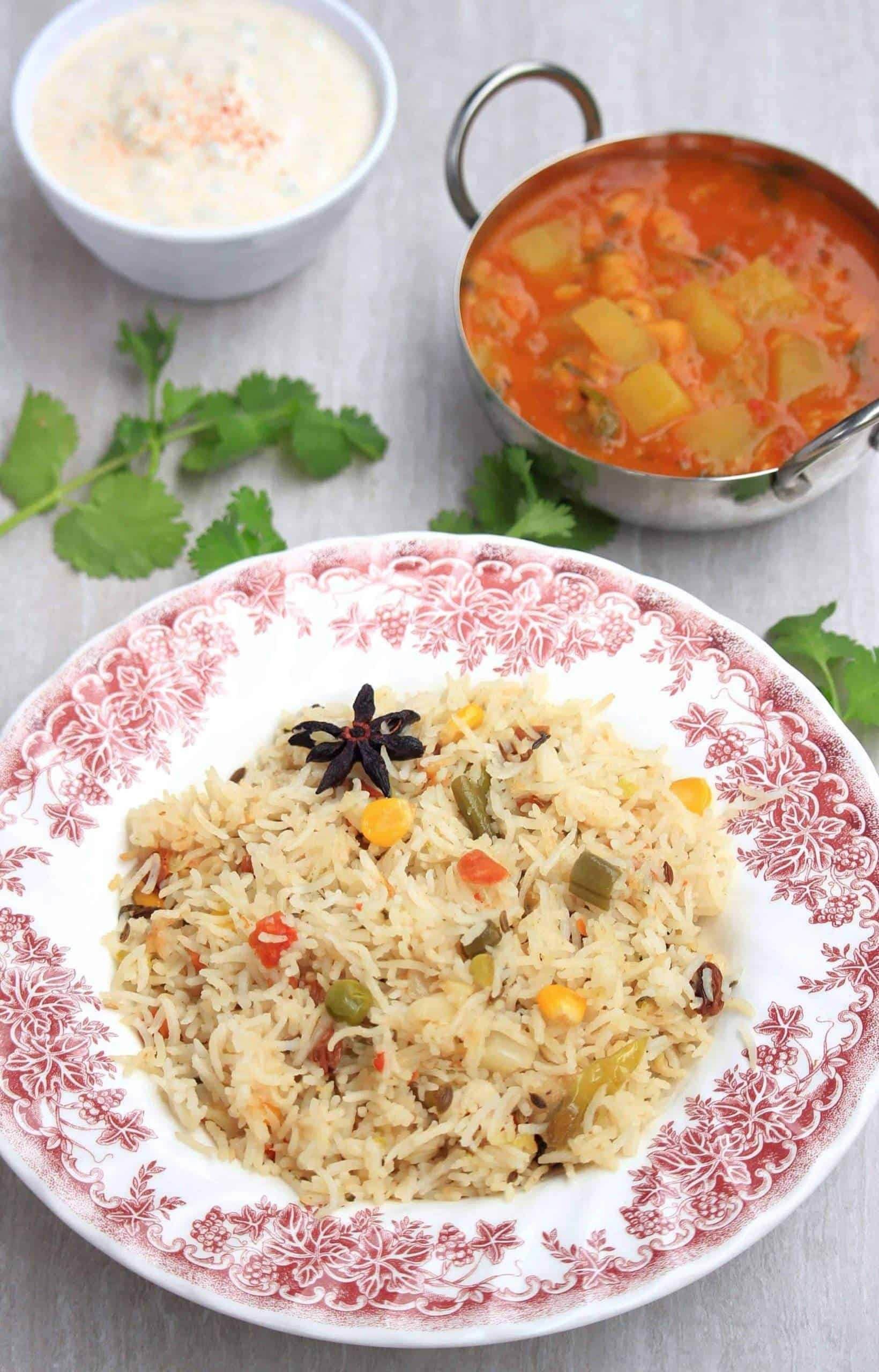 Vegetable Pulao served in a dish.