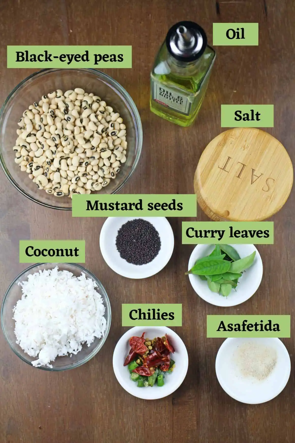 Ingredients needed to make karamani sundal labeled.