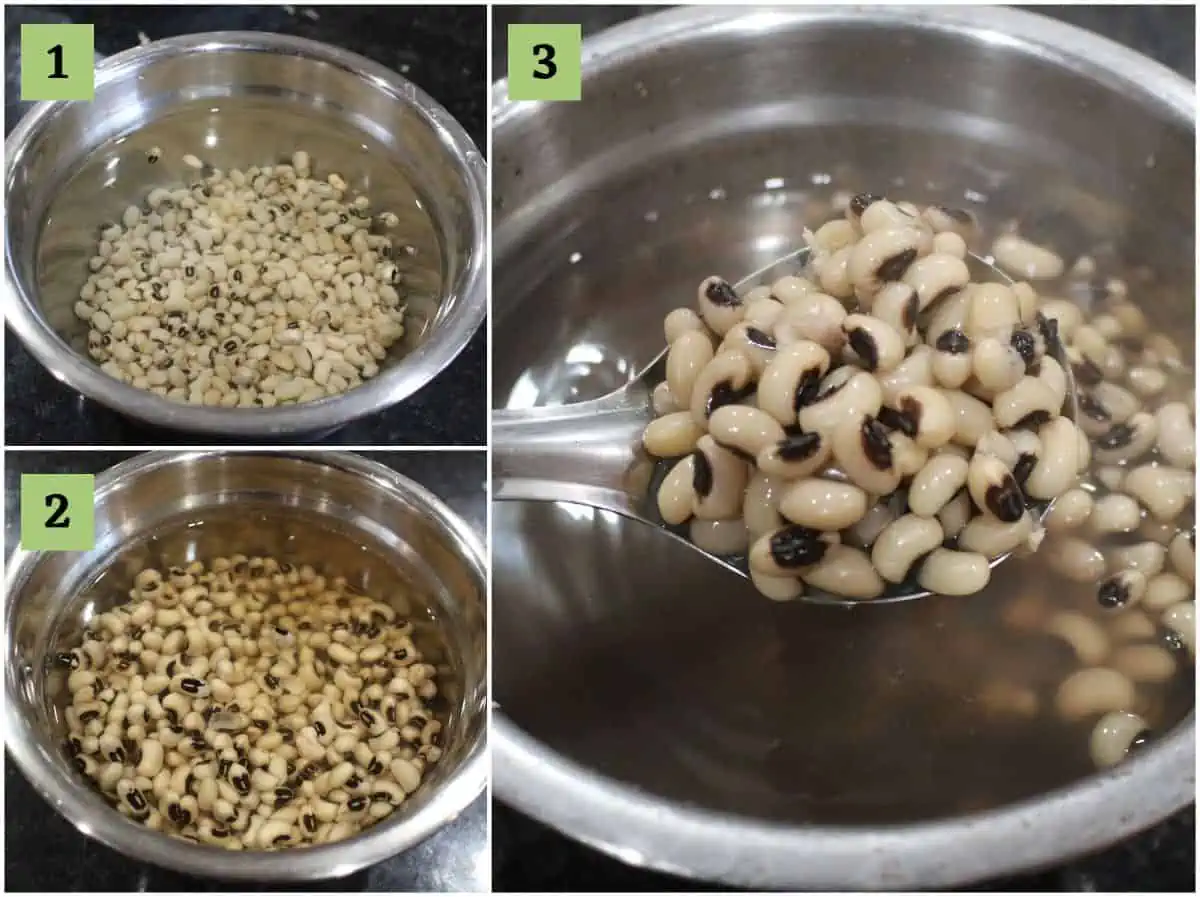 process shot showing soaked and cooked black-eyed peas.