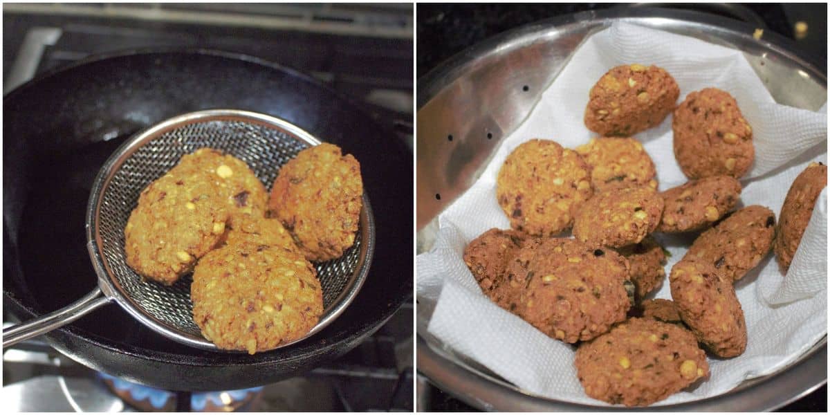 Frying the vadai and draining it.