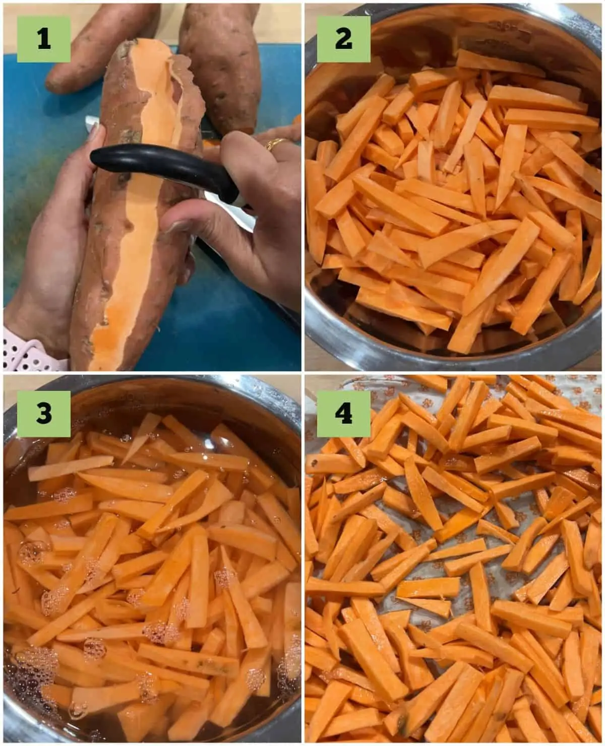 Process shot showing how to peel and clean sweet potato and how to cut them.