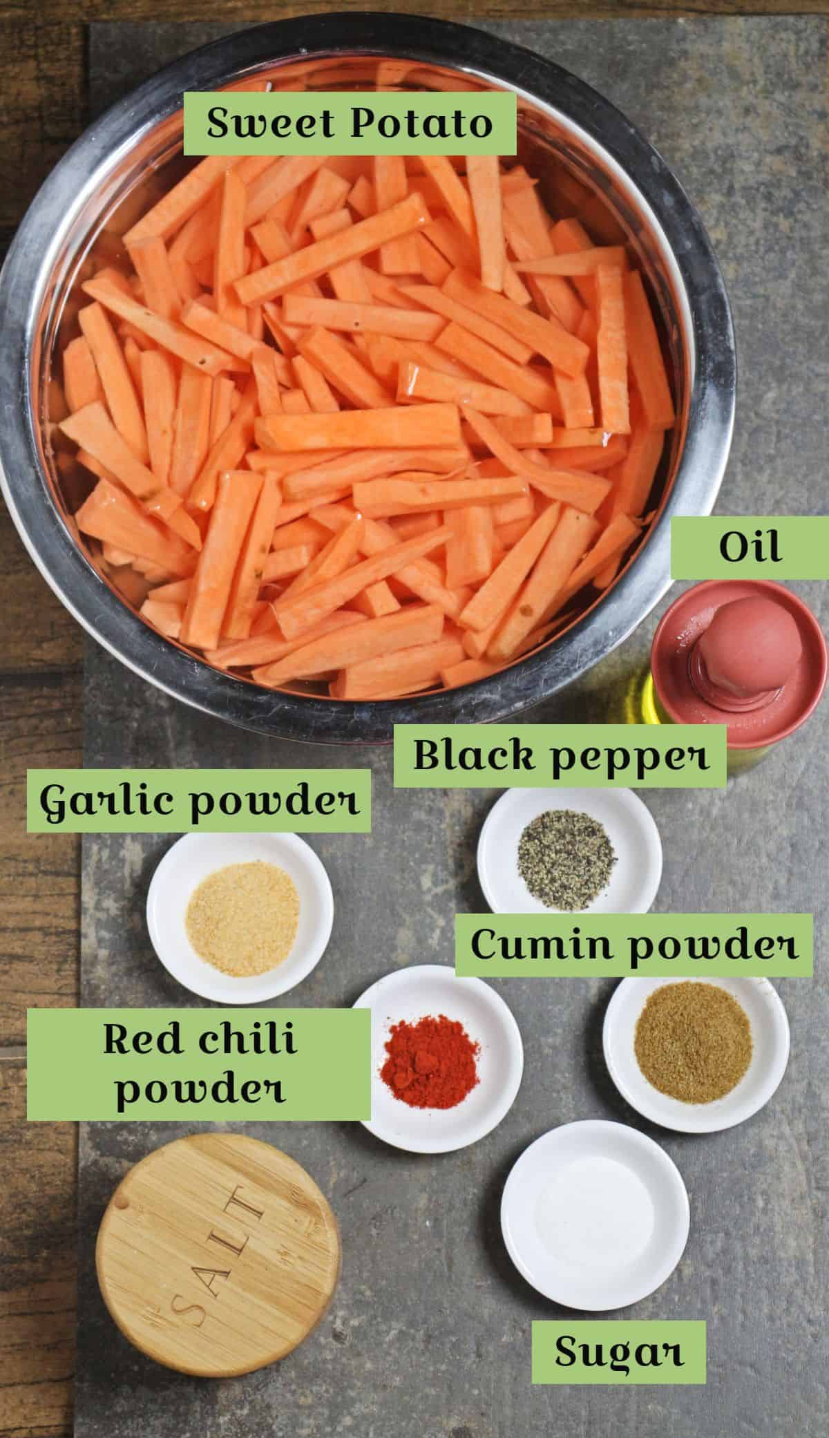 Ingredients labeled for sweet potato fries