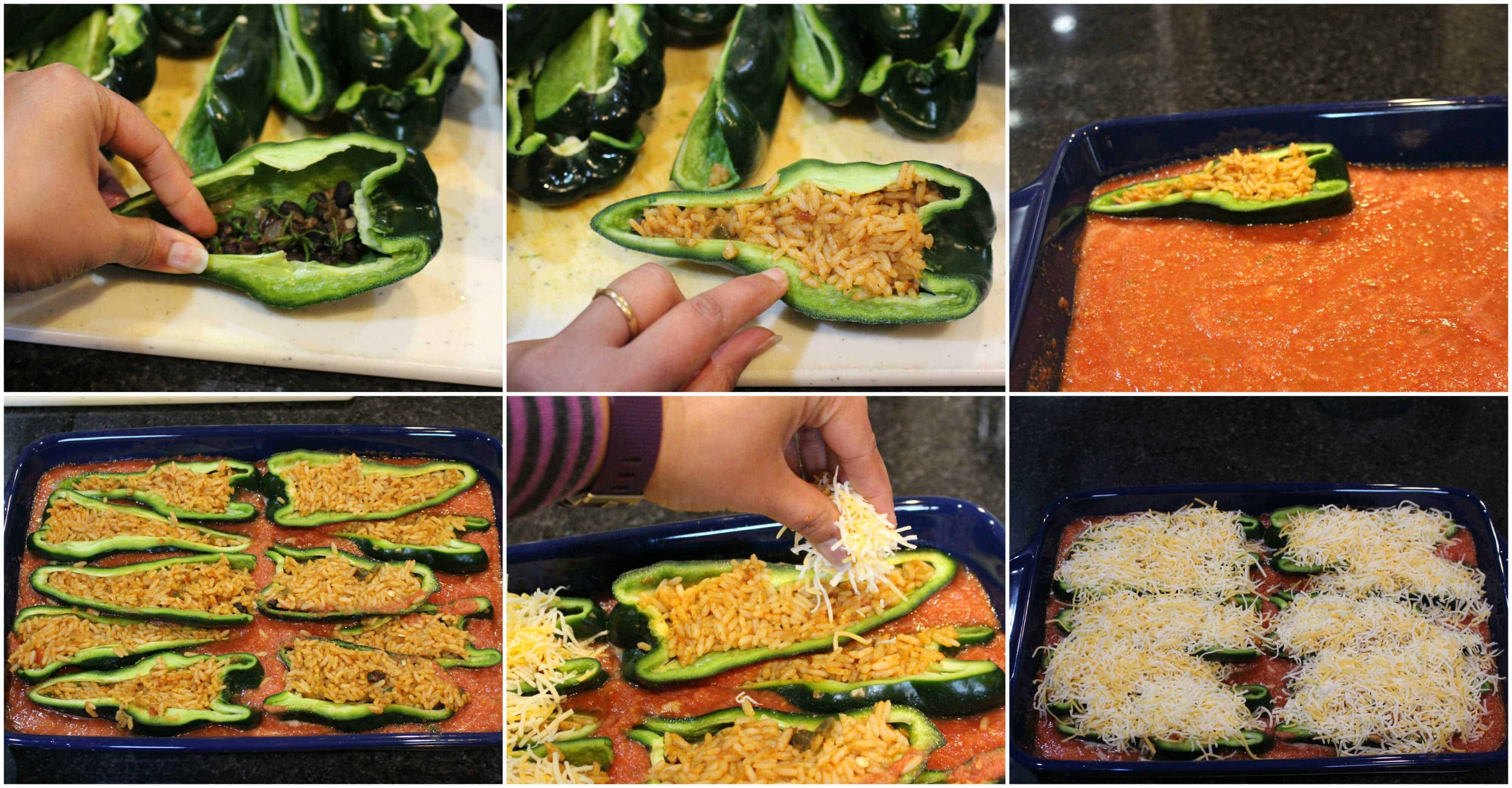 process shots showing how to stuff a poblano pepper