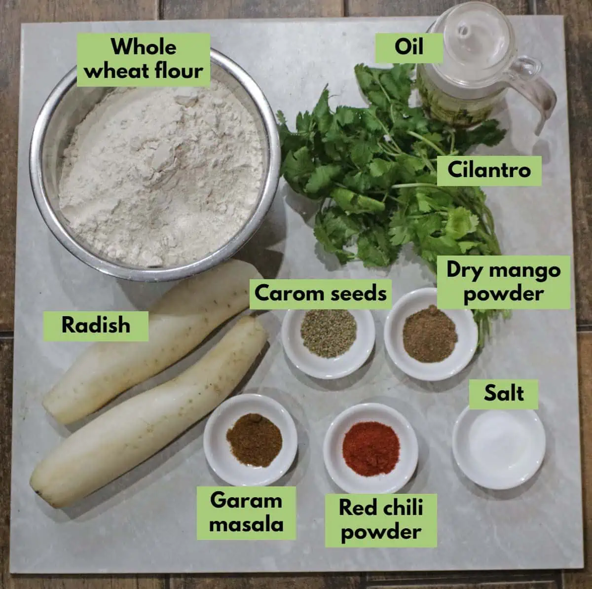 Ingredients needed to make mooli ka paratha labelled.