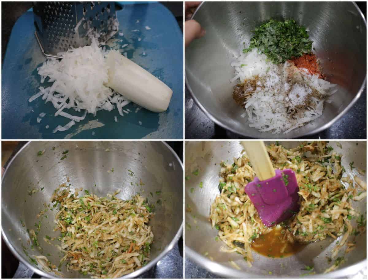 Process shot to make radish paratha filling.