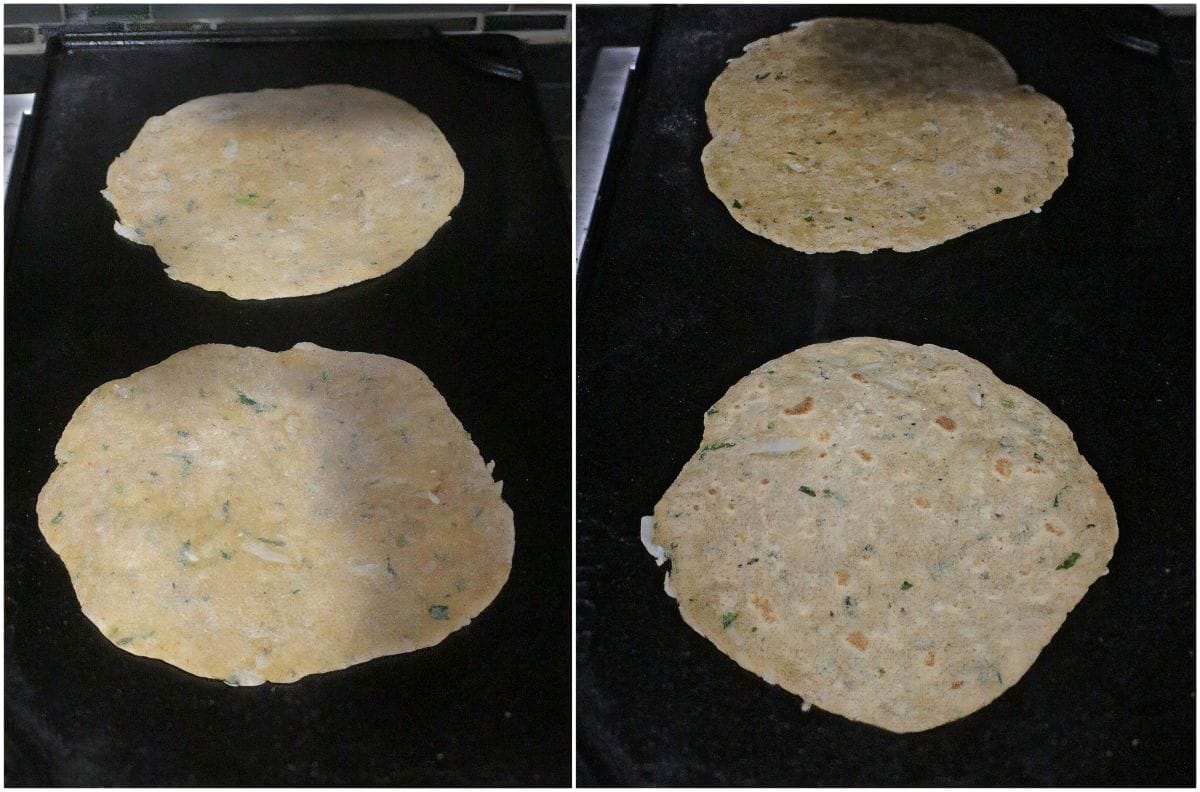 Process shot to show how to cook mooli ka paratha.