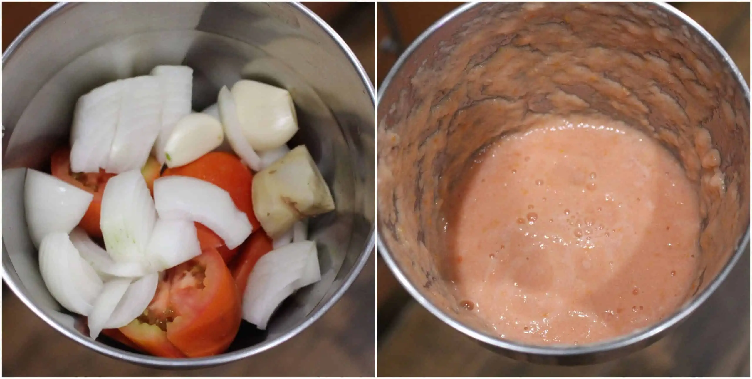 Onion and tomato in a blender jar and pureed mixture.