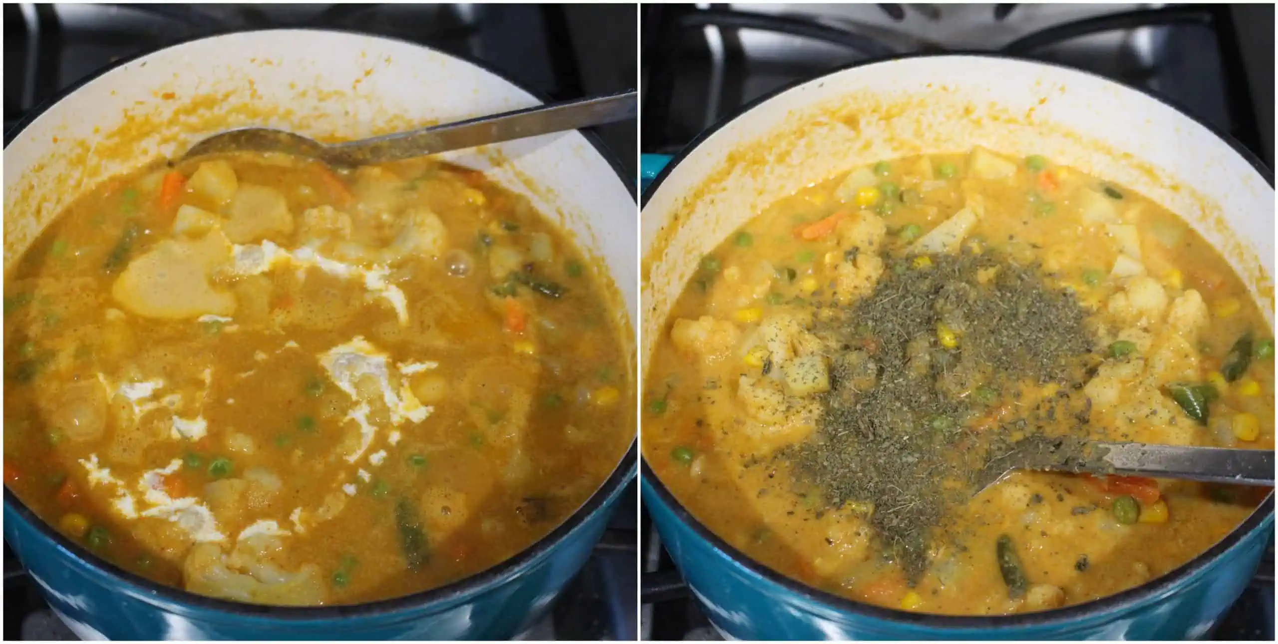 Adding fresh cream and kasoori methi to mixed vegetable curry.