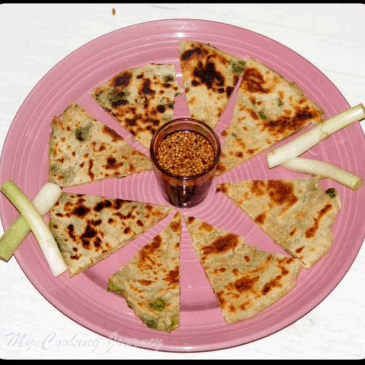 Chinese Scallion Pancake With Ginger Soy Dipping Sauce in Plate