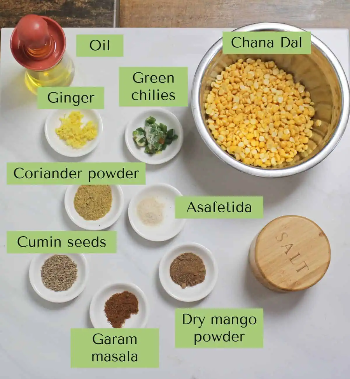 Ingredients needed to make the filling for dal paratha.