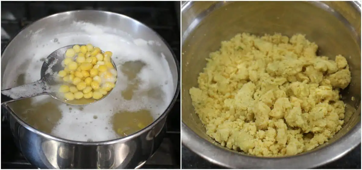 Boiling and grinding chana dal to make filling for paratha.