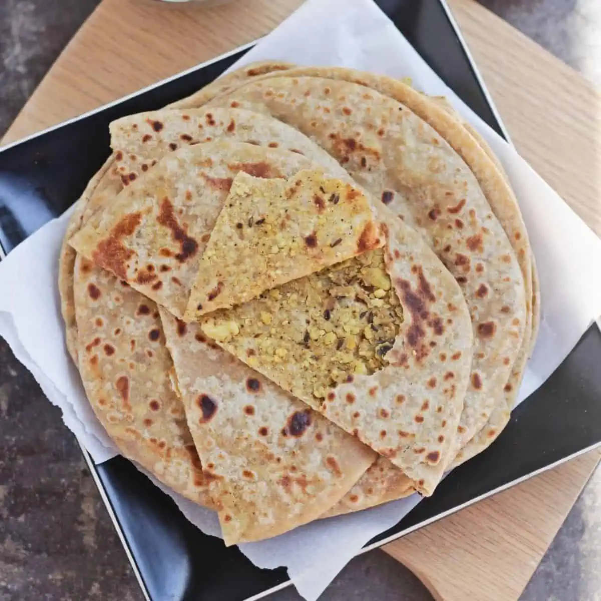 Top view of chana dal paratha showing the filling.