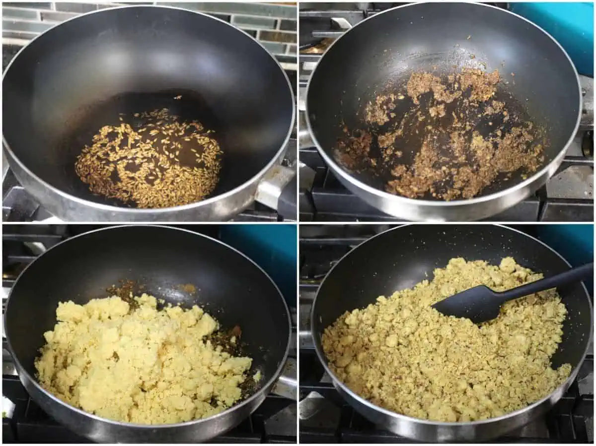 Process shot to show how to make chana dal filling.