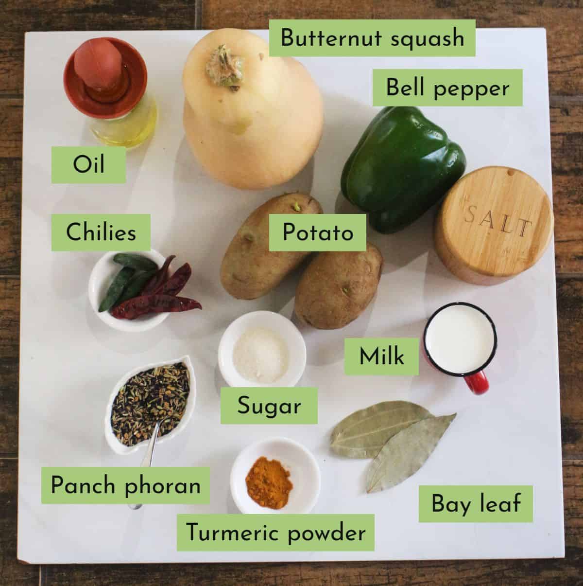 Ingredients to make panch phoran tarkari labeled.