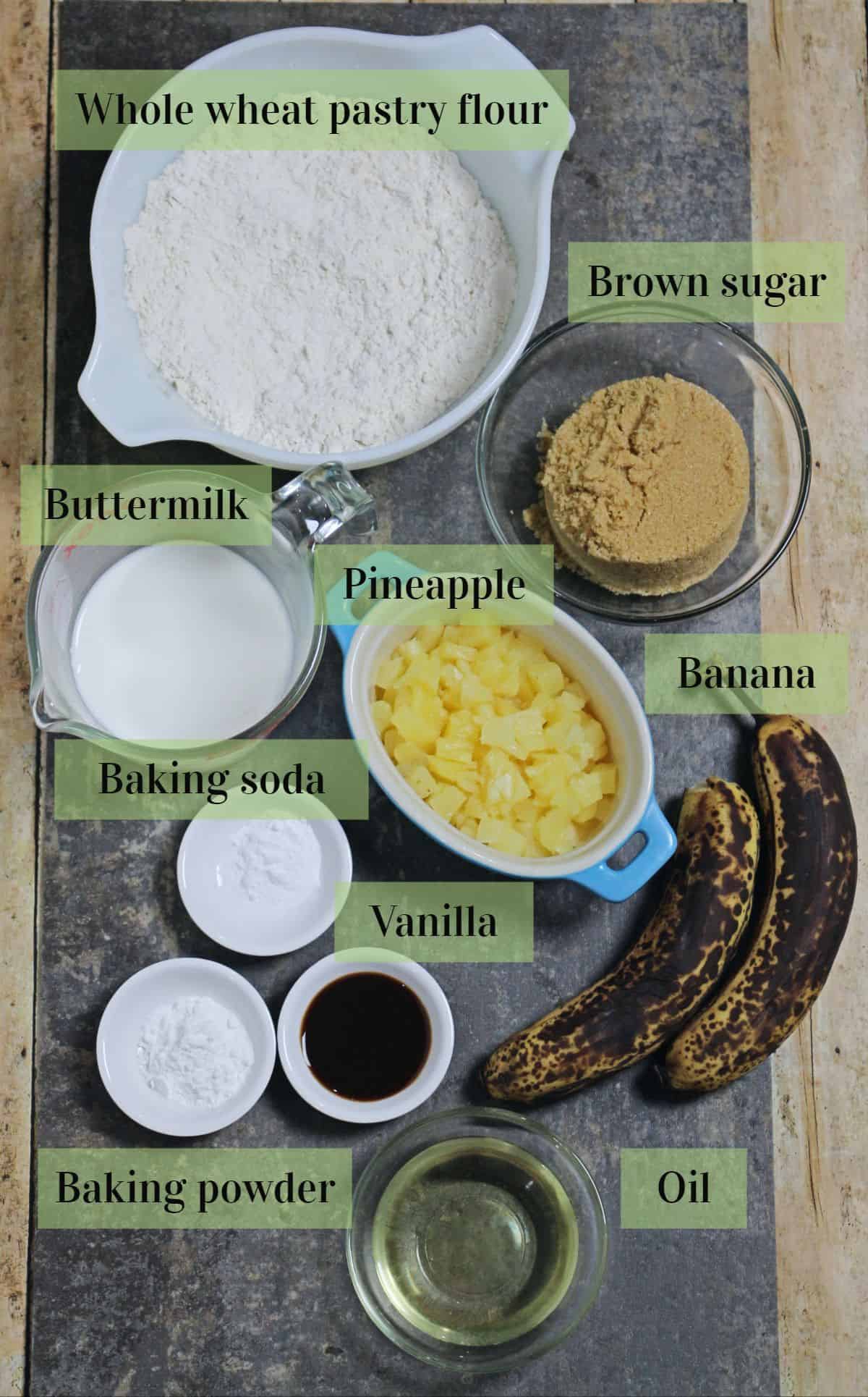 Ingredients needed to make banana pineapple muffins
