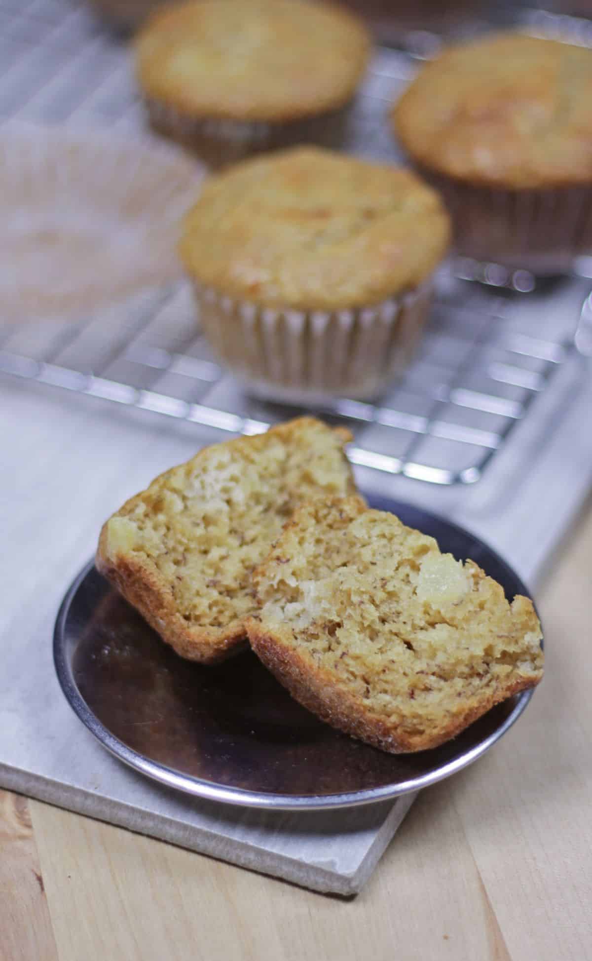 split half of banana muffin showing the texture
