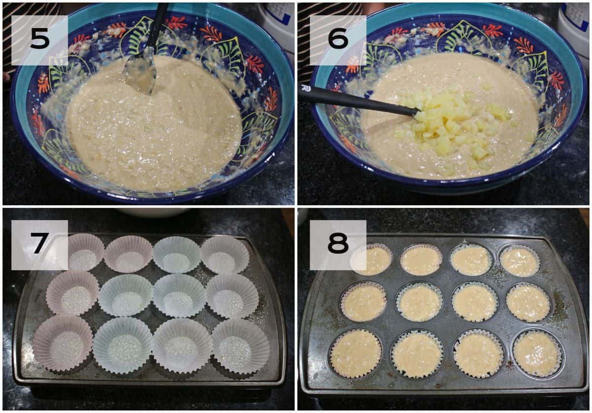 making muffin batter and filling the muffin tins