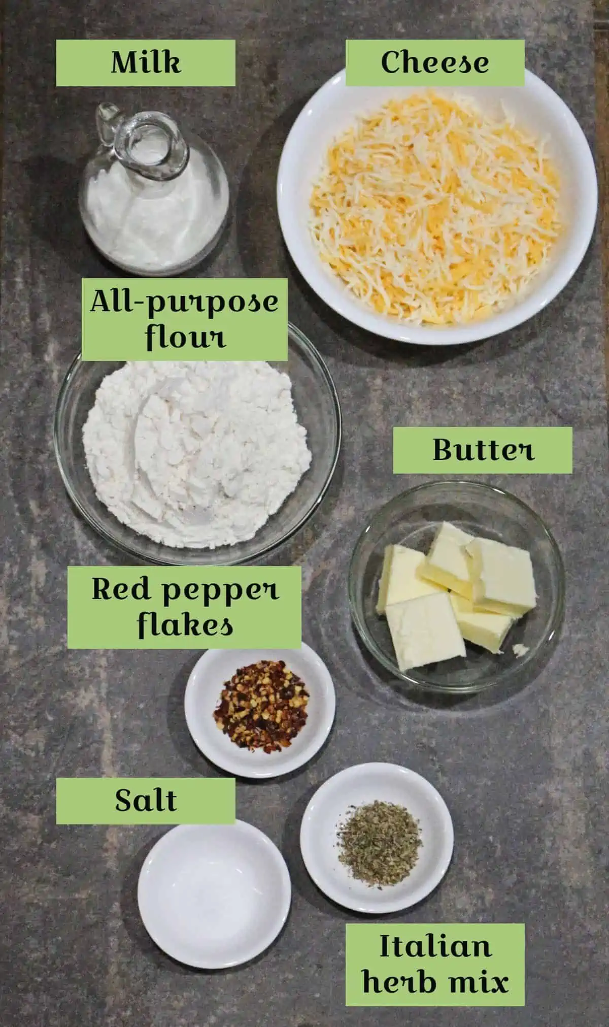 Ingredients needed to make spicy cheese straw labeled.