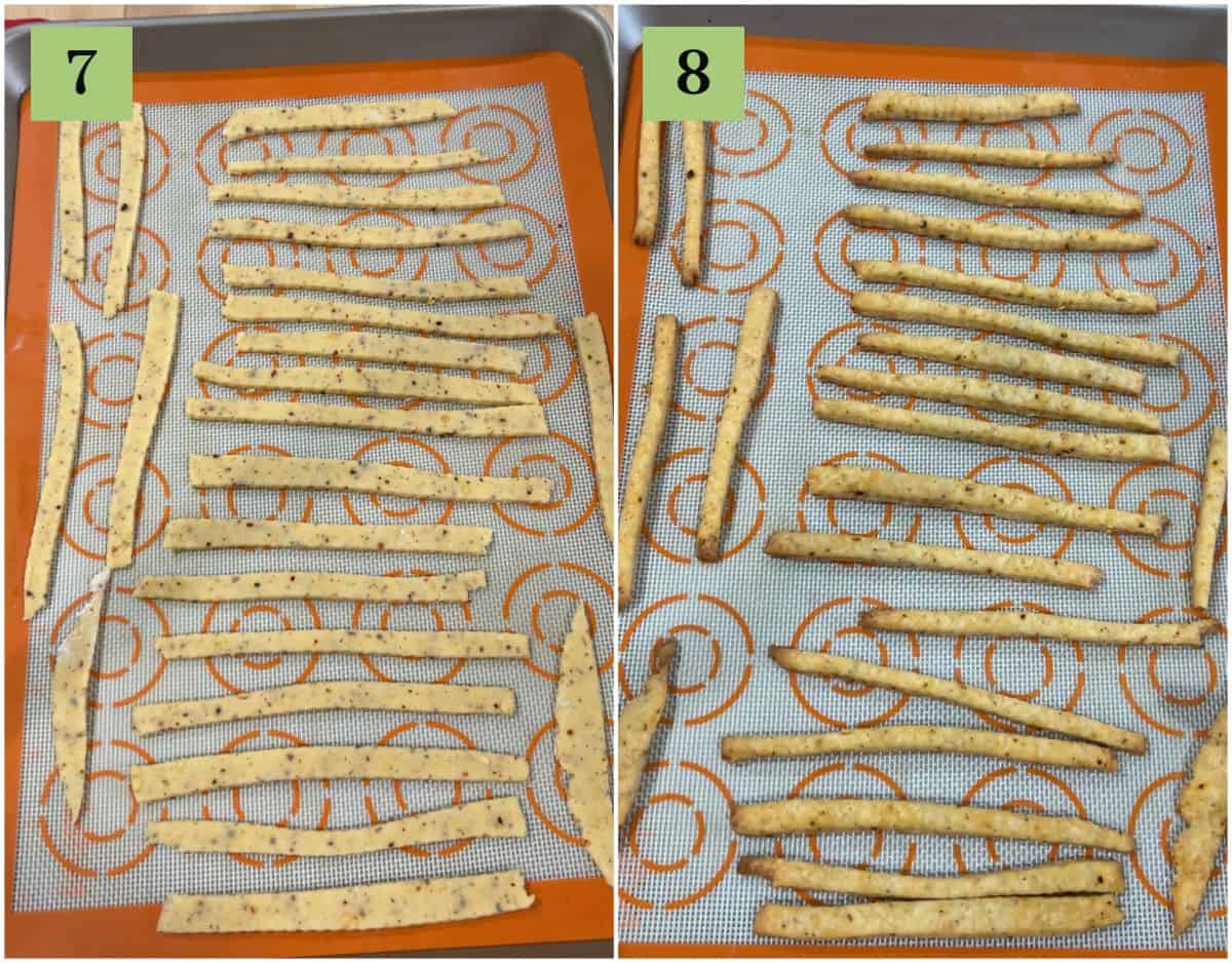 baking cheese straws in a silicon mat lined baking sheet.