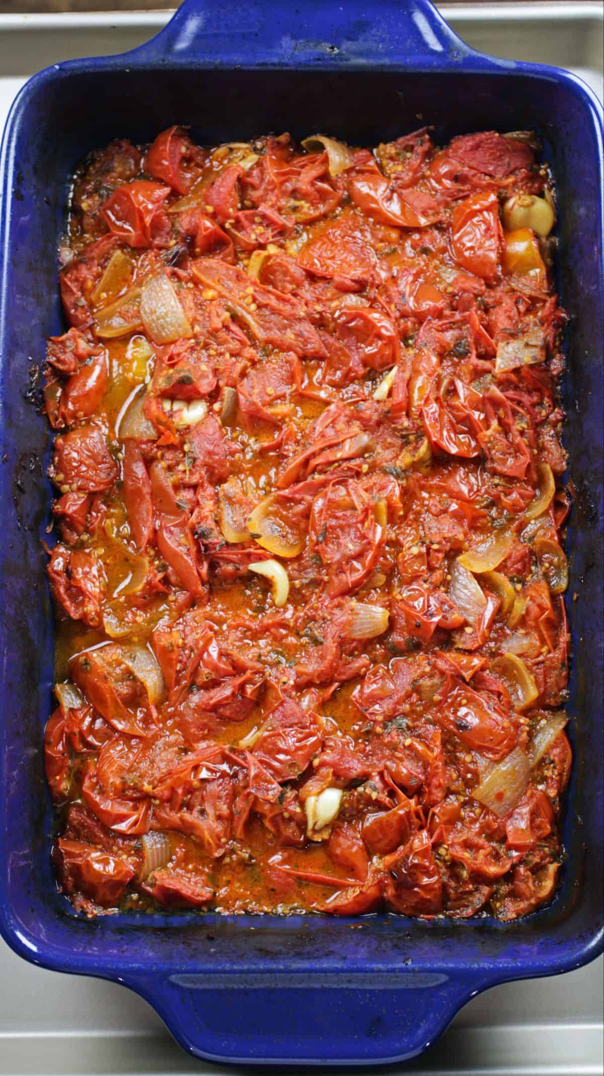 roasted tomatoes in a baking dish