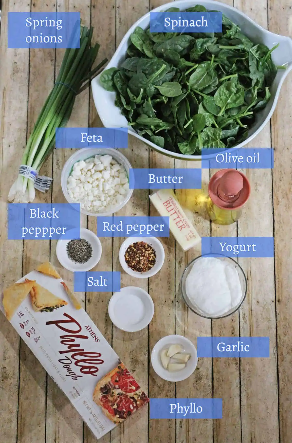ingredients needed to make Byrek mi spinaq labelled