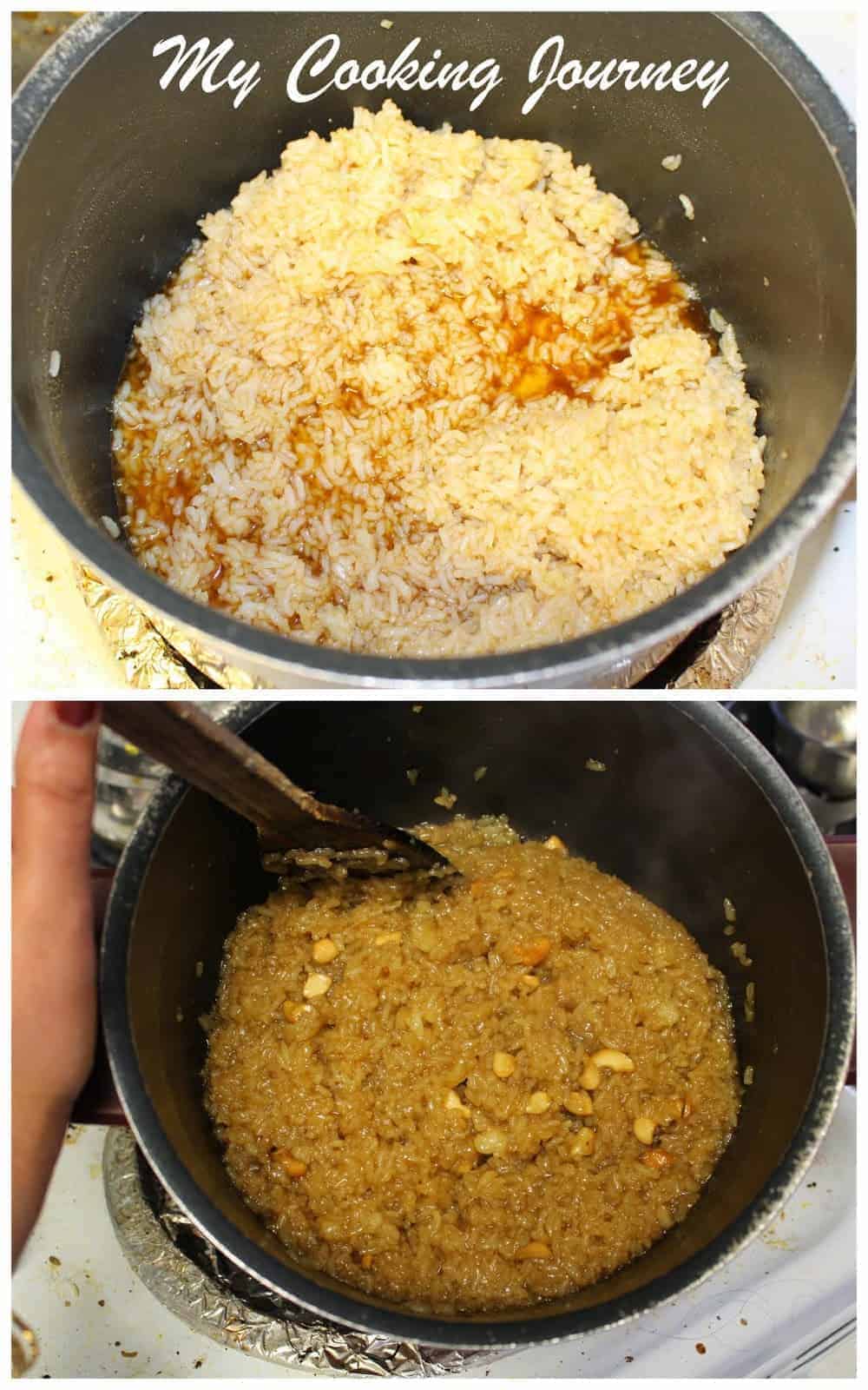 Adding cooked rice to jaggery syrup