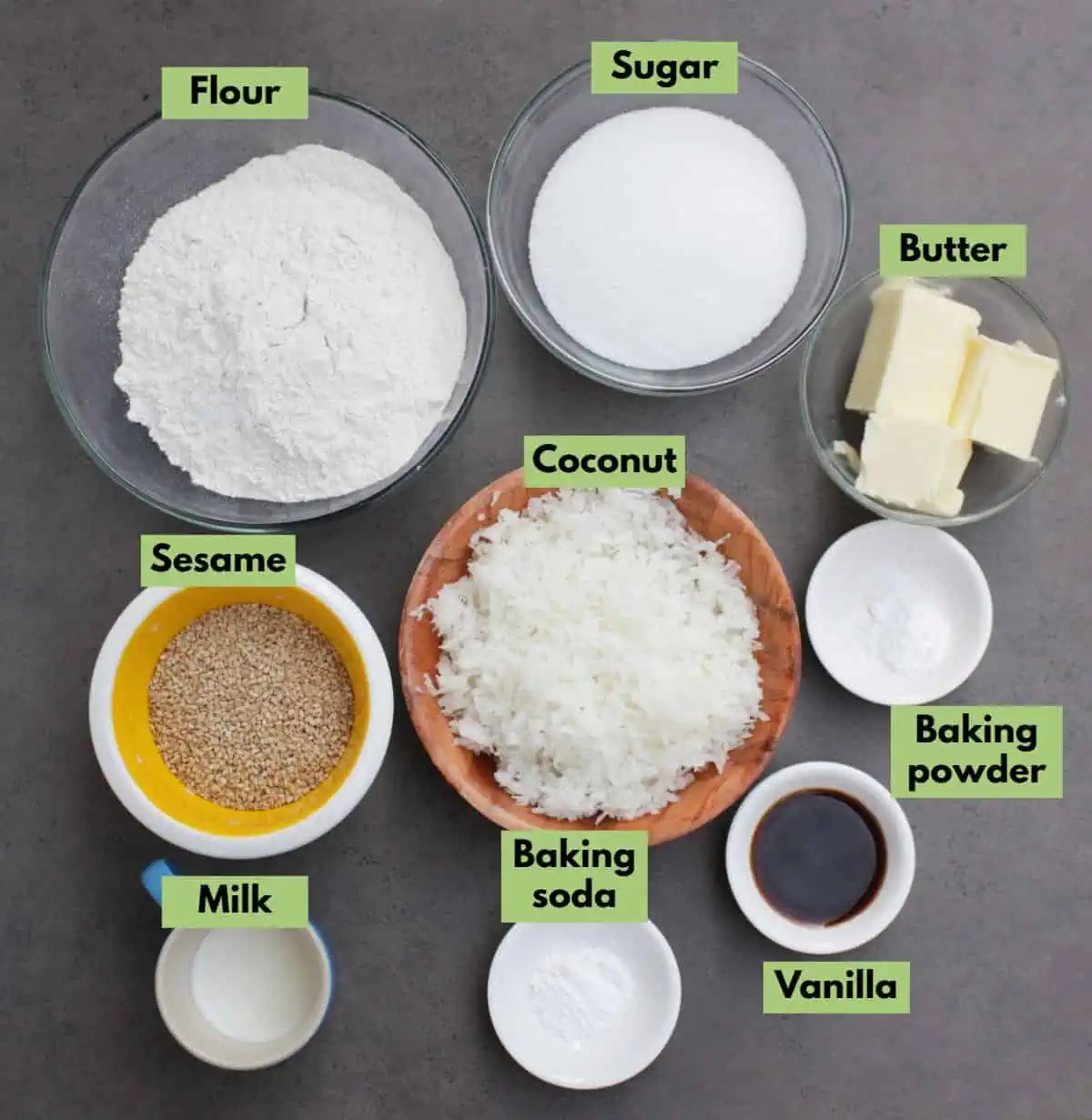Ingredients needed to make coconut cookies.