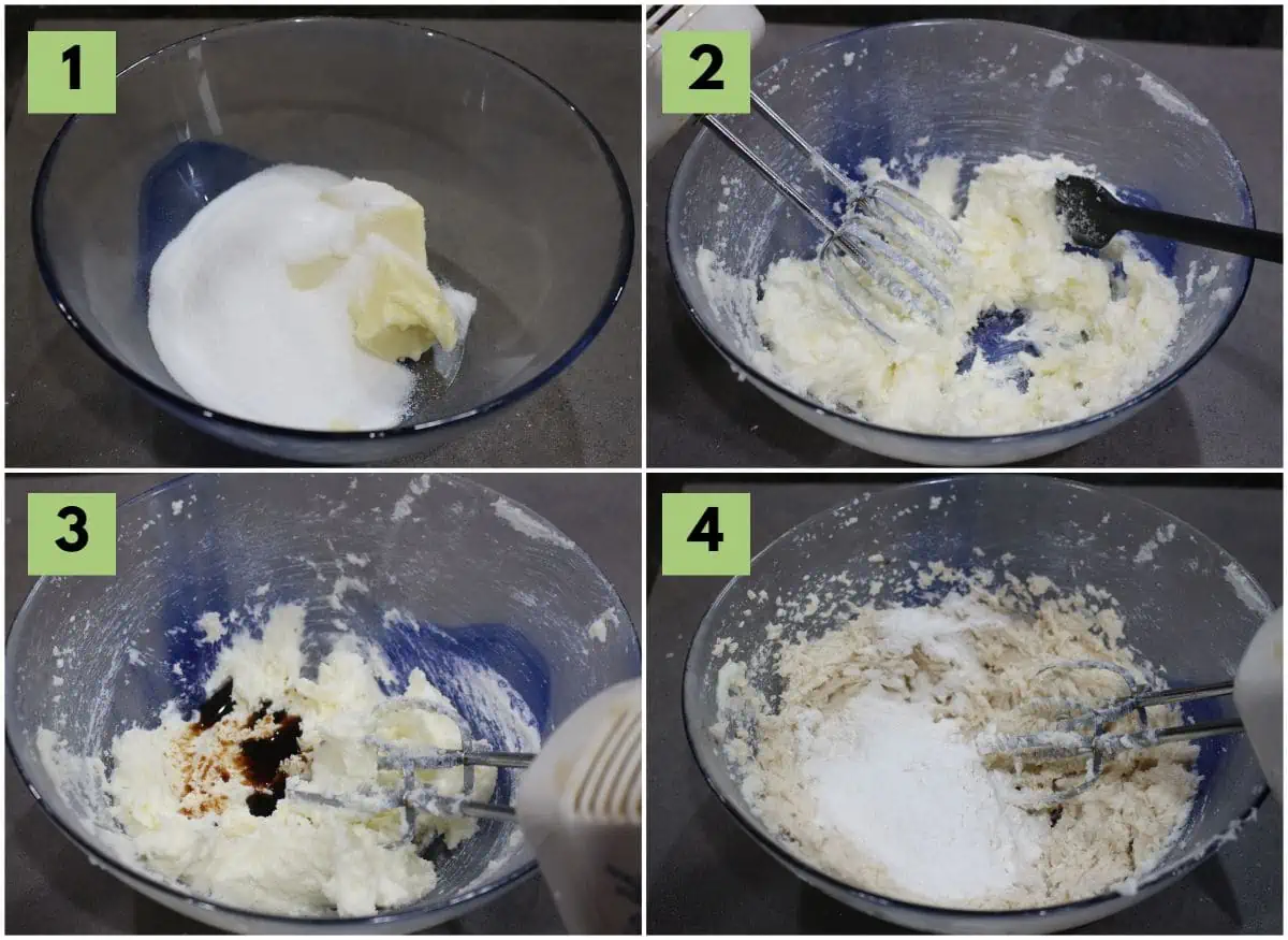 creaming sugar and butter in a glass bowl with hand mixer.