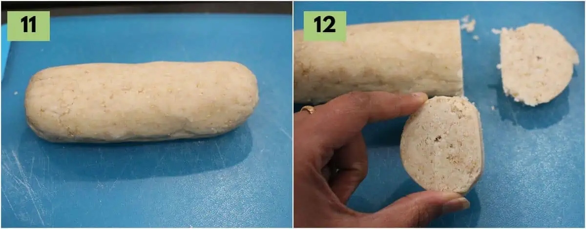 Slicing cookie dough logs.