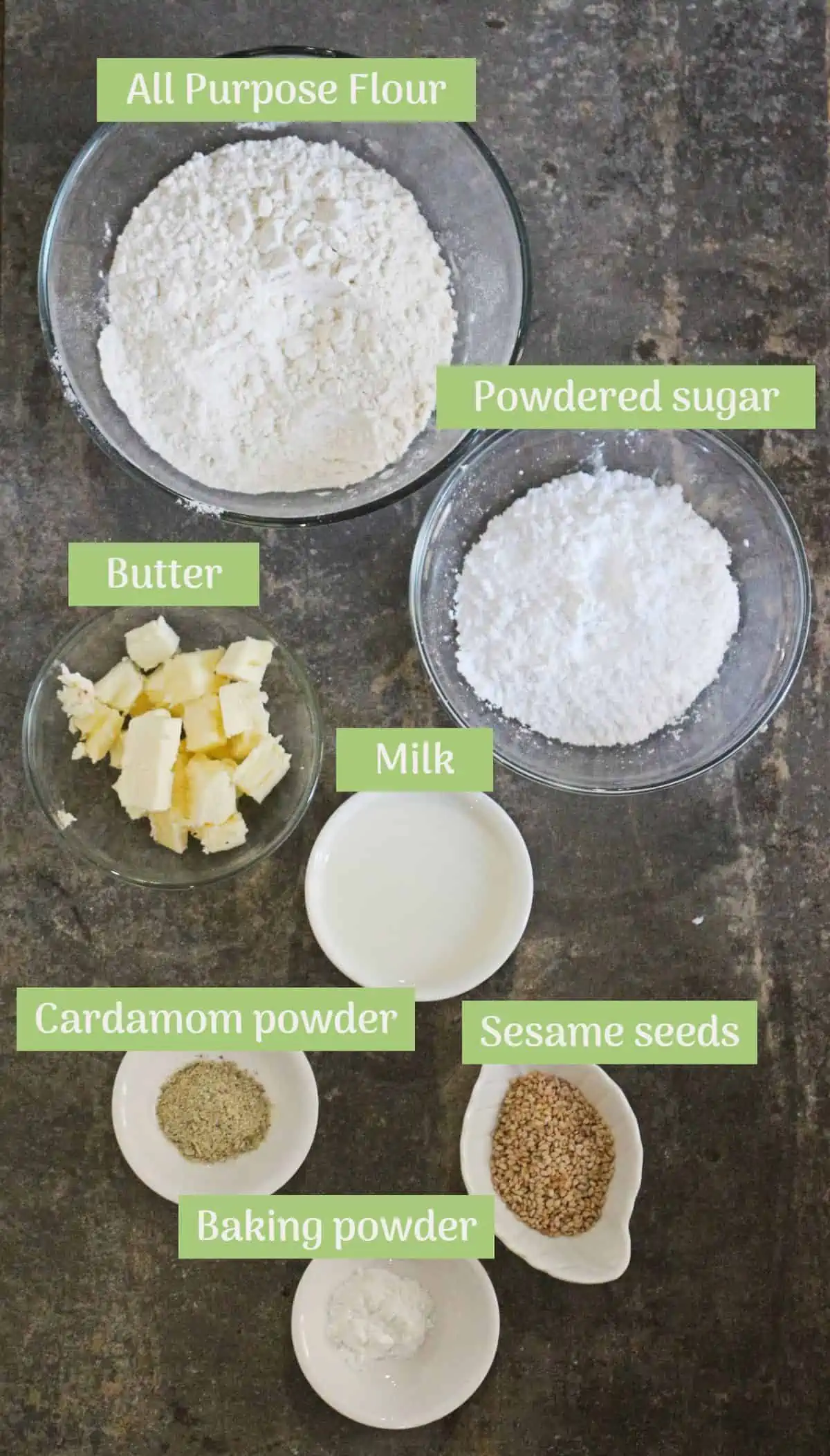 Ingredients needed to make baked shakarpara