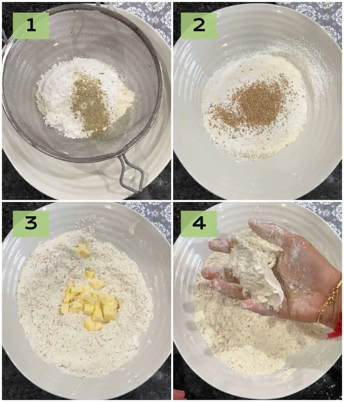 sieving flour and mixing in with butter