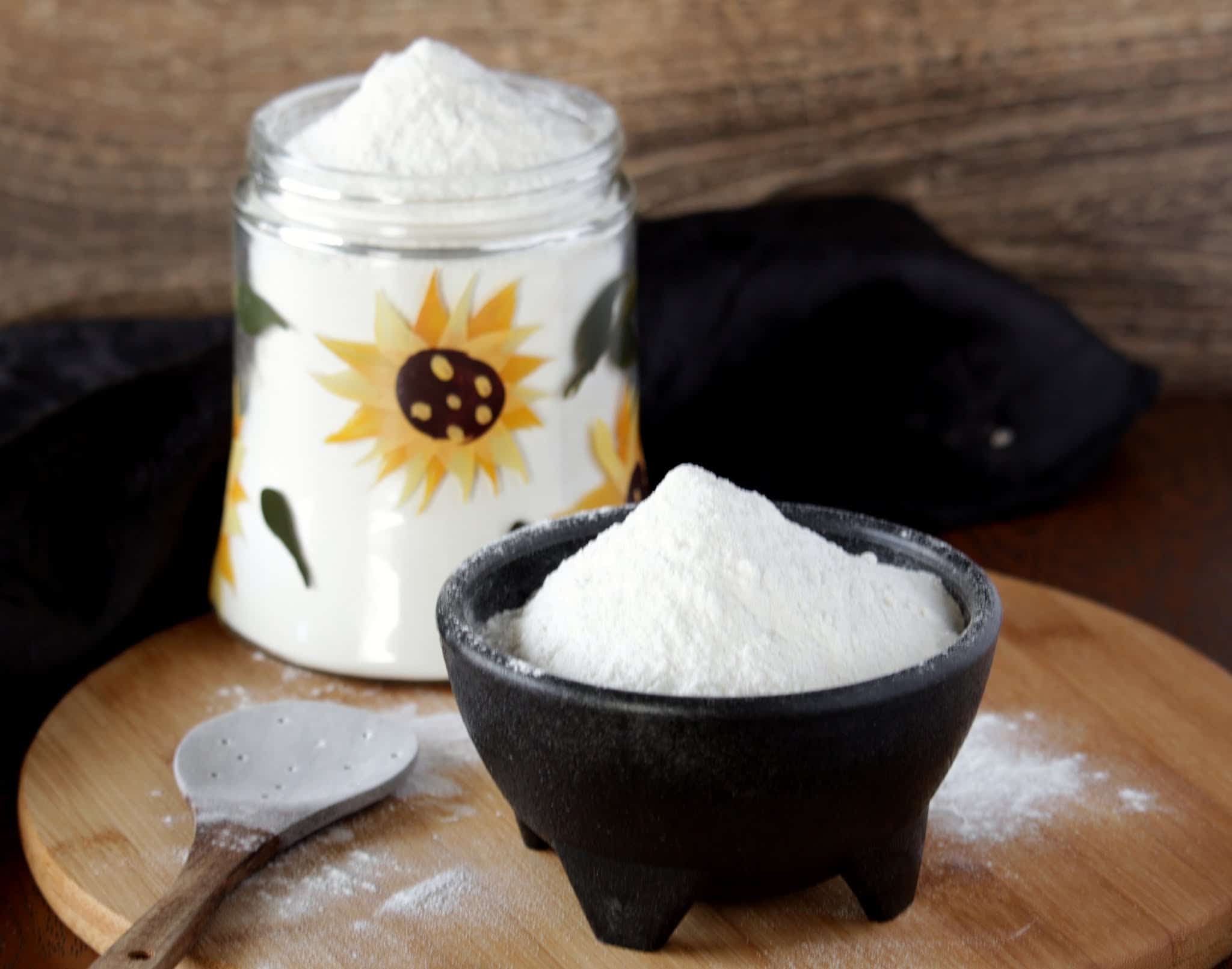 Home made Rice flour in a glass jar and bowl