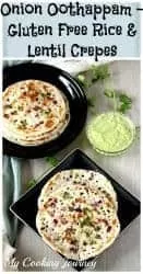 onion oothappam in two plates with chutney in the middle - Pintrest Image