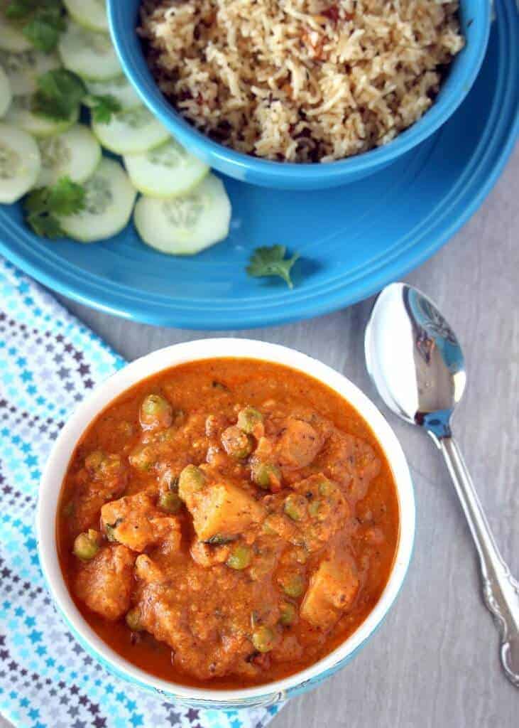 Shahi Aloo Matar | Potatoes And Peas In Rich Tomato Gravy