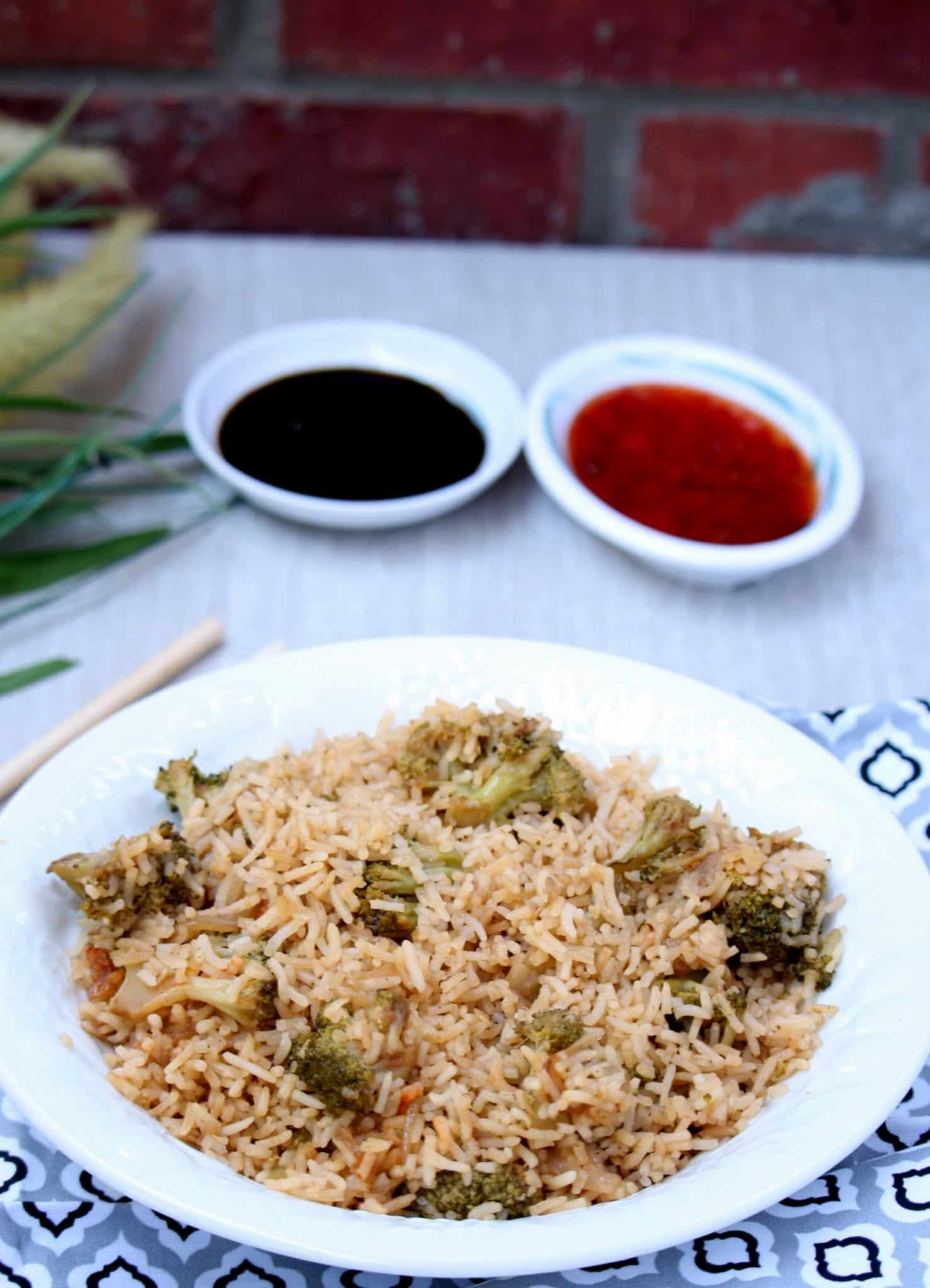 Broccoli Fried Rice with sauces on the side