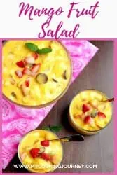 mango fruit salad with mixed fruits in different bowls with text