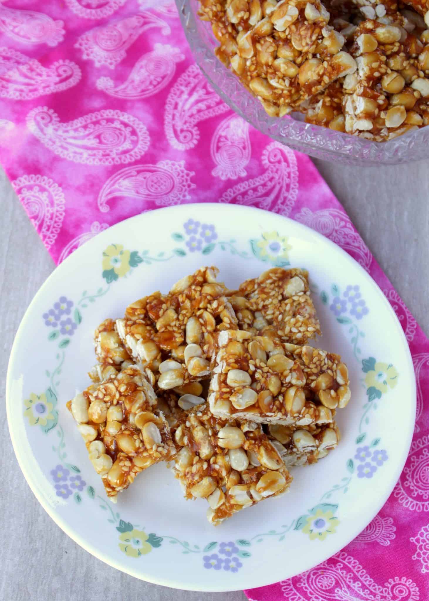 Chinese Peanut Sesame Ginger Brittle in a dish
