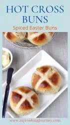 two hot cross buns on a white plate