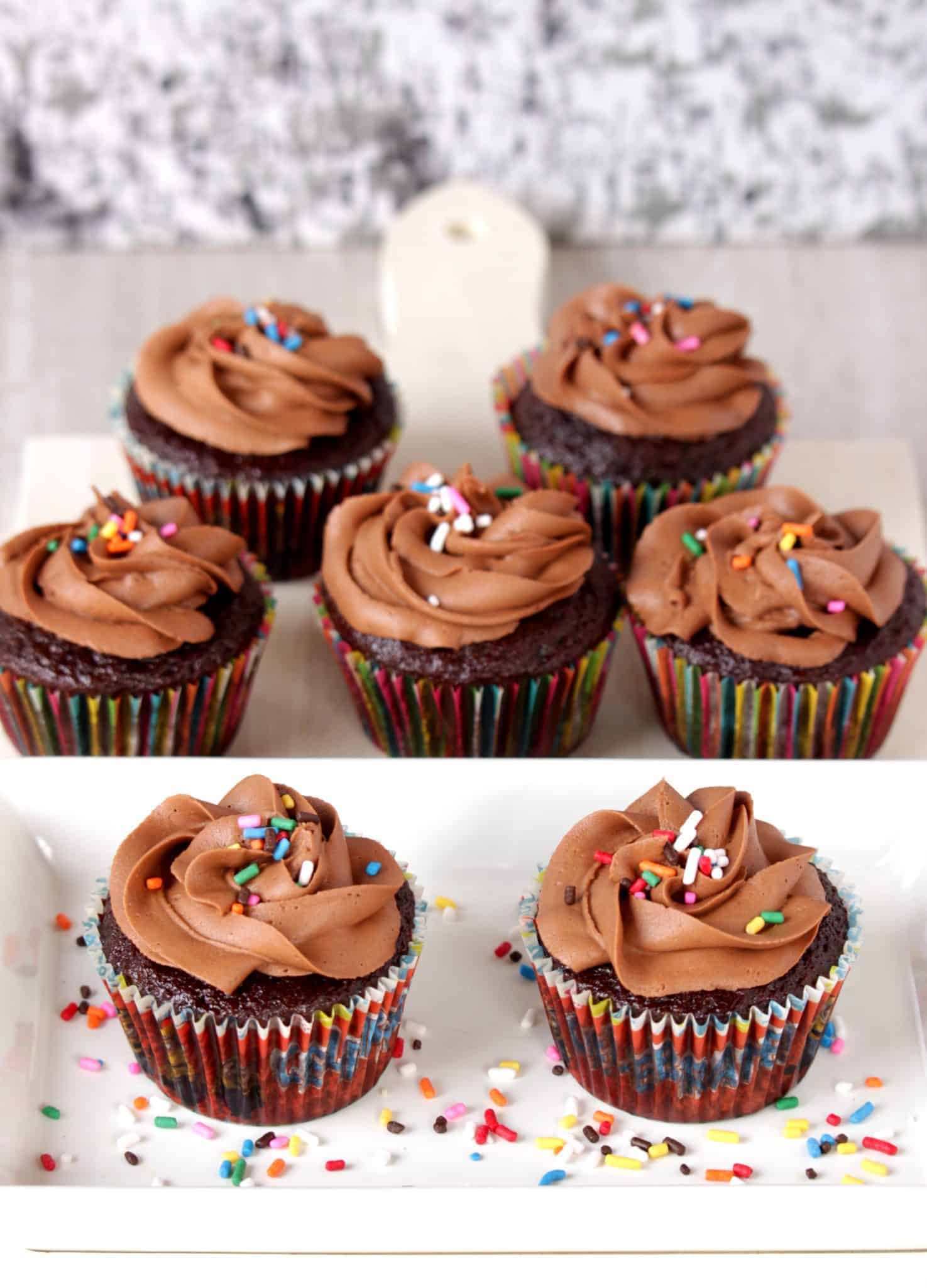 Chocolate Cupcakes with Chocolate Buttercream Frosting in a tray