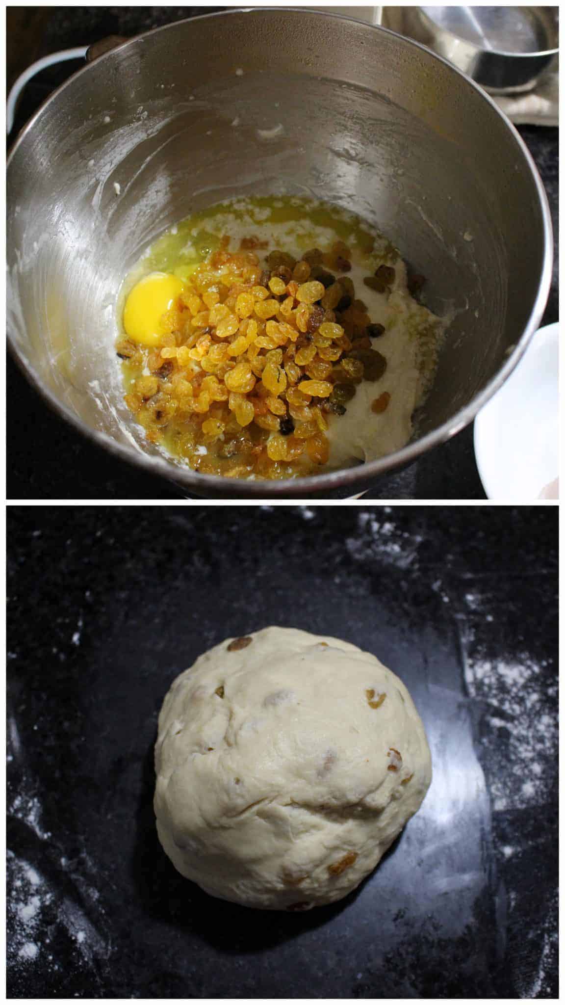 Adding eggs and raisin to the bread dough