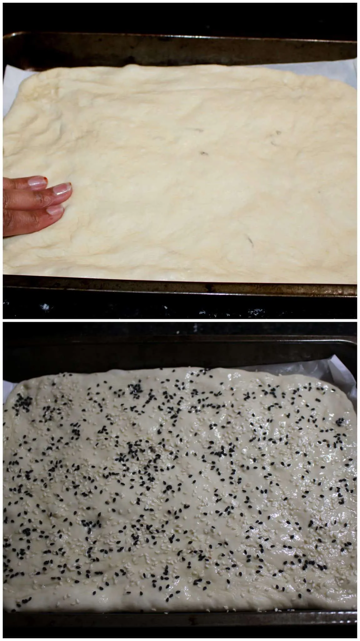 Shaping the flatbread and sprinkling sesame seeds on top. 