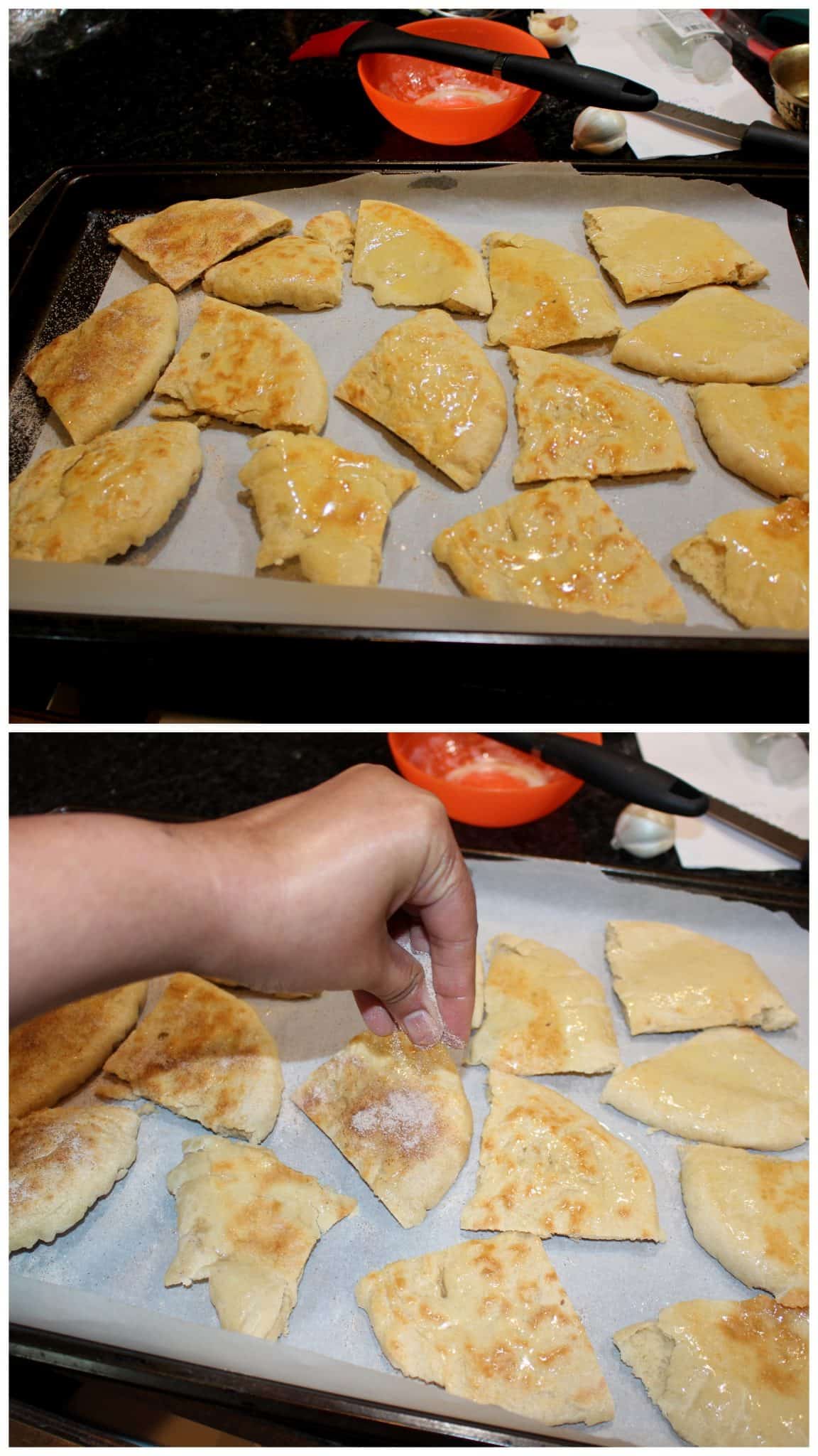 Cut Pita bread into pieces and getting prepped to bake.