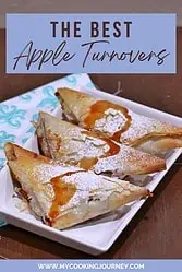 Apple turnovers in a plate with overlaying text.